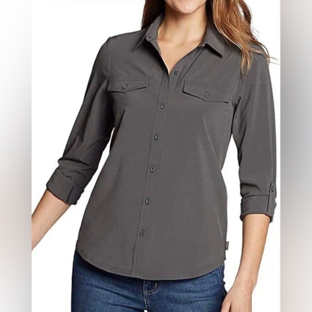 NEW - Eddie Bauer Gray Button-Up Shirt XL Spindrift Convertible Sleeve Stretch